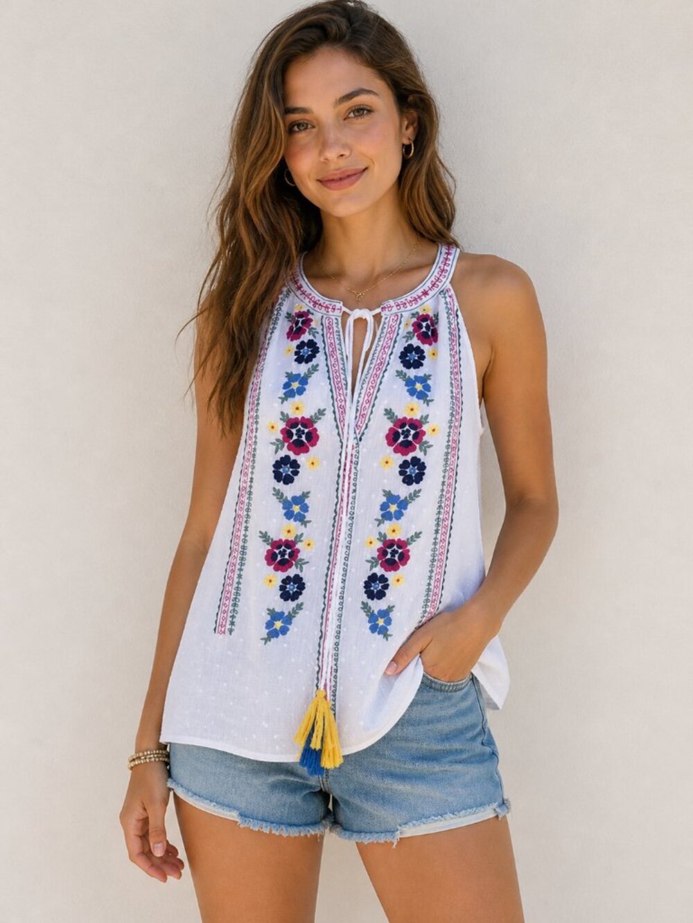 Alya White Multi Embroidered Sleeveless Peasant Top Blouse Tassels Size Medium